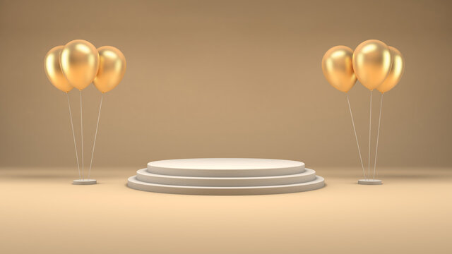 3D rendering of a white podium and golden balloons on a pastel background for product presentation