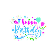 Happy Birthday for greeting cards and poster with balloon, confetti gift box, and birthday celebration.