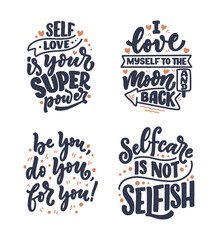 Set with selfcare lettering quotes for blog or sale. Time to something nice. Beauty, body care, premium cosmetics, delicious, ego. Modern calligraphy. Vector design prints