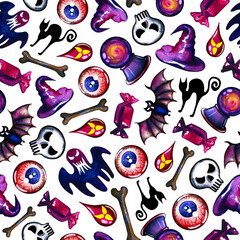 Halloween watercolor pattern with skulls, ghosts, hats, eyes, bones, cats, bats, sweets, palantirs and drops of poison