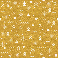 Seamless pattern for Christmas with snowflakes and memphis elements on gold background for greeting cards, wrapping papers, fabric and Website. Vector illustration