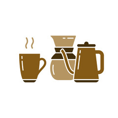 Cutout silhouette set of dishes for making drip coffee. Pour over coffee maker, cup with hot drink, punch pot with long nose. Color outline icon. Flat isolated vector illustration, white background