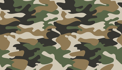 Camouflage pattern background vector. Classic clothing style masking camo repeat print. Virtual background for online conferences, online transmissions. Green brown black grey colors forest texture - 359424479