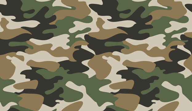 Camouflage pattern background vector. Classic clothing style masking camo repeat print. Virtual background for online conferences, online transmissions. Green brown black grey colors forest texture