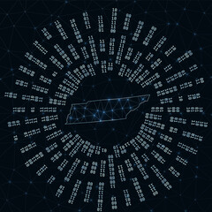 Tennessee digital map. Binary rays radiating around glowing US state. Internet connections and data exchange design. Vector illustration.