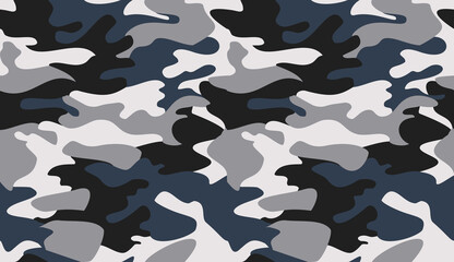 Camouflage pattern background vector. Classic clothing style masking camo repeat print. Virtual background for online conferences, online transmissions. Black white grey navy colors marine texture - 359424885
