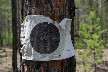 Old tactical paper target on tree located on military shooting range for active game airsoft.