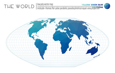 Abstract geometric world map. McBryde-Thomas flat-polar parabolic pseudocylindrical equal-area projection of the world. Yellow Green Blue colored polygons. Awesome vector illustration.