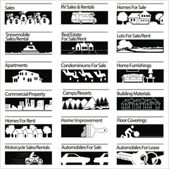 Illustration set of headlines for sales, rental and service announcements with monochrome black and white pictures.