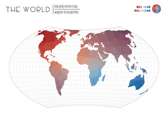 Abstract world map. Wagner VII projection of the world. Red Blue colored polygons. Beautiful vector illustration.