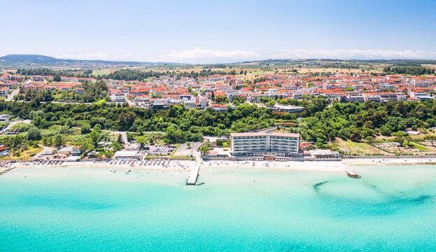 waterfront view to the most popular village in Halkidiki- Kallithea. It is located in the first peninsula of Halkidiki, Kassandra.