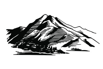 mountains, graphic, black and white, vector illustration, doodle, sketch