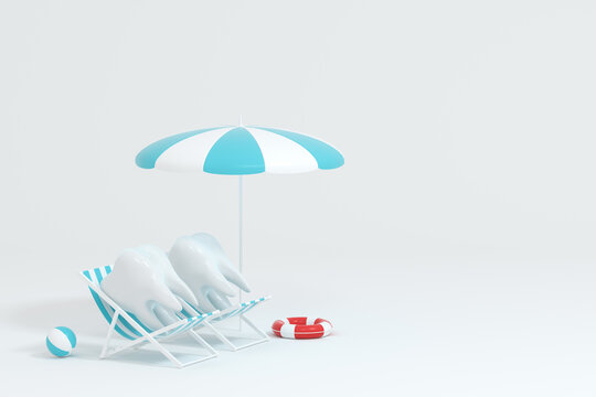 Cartoon tooth on holiday, tooth care concept, 3d rendering.