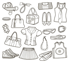 Collection of fashionable women's clothes isolated on white (vector illustration coloring book).