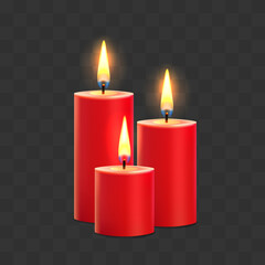 Three red wax candles on black background, vector icon.