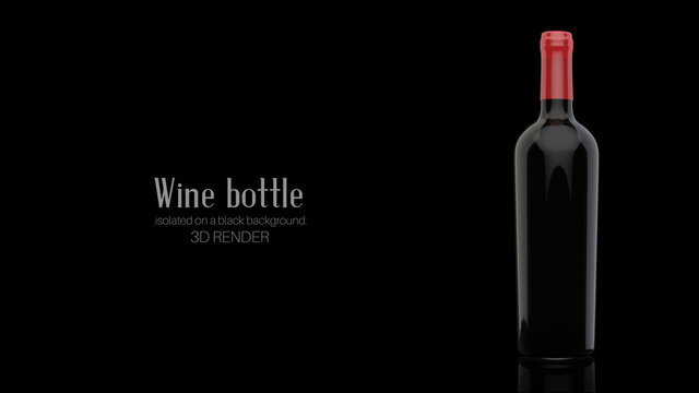 A bottle of wine made of dark glass on a black background. Alcohol close-up. Soft glares, 3d render.Template for design, advertising, branding.