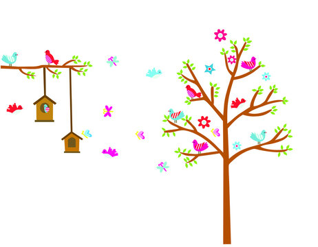 Vector illustration of Birds family and butterflies on a tree