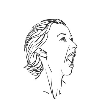 Head of screaming girl with wide open mouth, Vector sketch, Hand drawn illustration