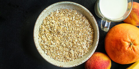oatmeal fruit Menu concept serving size. food background top view copy space for text organic healthy eating