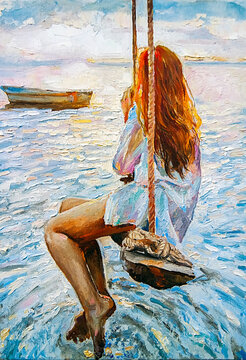 Young red-haired girl riding on a swing and watching the sunset by the ocean. In the background floats fishing boat. The peaceful landscape, created with brush strokes, oil painting on canvas.