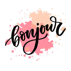 Bonjour inscription. Good day in French. Greeting card with calligraphy. Hand drawn design. Black and white. © 1emonkey