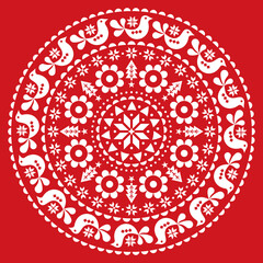 Christmas Scandinavian folk vector design mandala- winter round festive pattern, cute floral ornament with birds and snowflakes in white on red background
