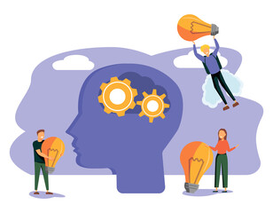 Vector creative illustration of business graphics, the company is engaged in joint search for ideas, abstract person's head, filled with ideas of thought and analytics, 