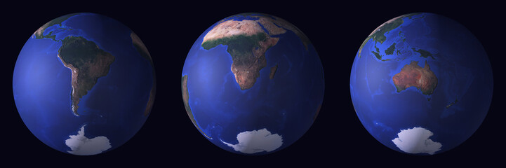 Southern hemisphere of our planet. Set of 3d renders shows Earth without atmosphere, only surface. Render with nice resolution- small details and terrain heights are present.