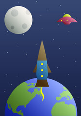 UFO and rocket fly in space near the Earth and the Moon. Flat illustration. 