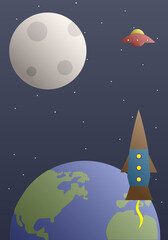 UFO and rocket fly in space near the Earth and the Moon. Flat illustration. 