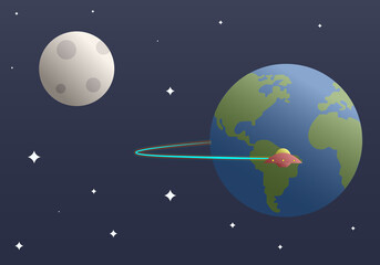 Naklejka premium UFO flies from Earth. Flat illustartion.