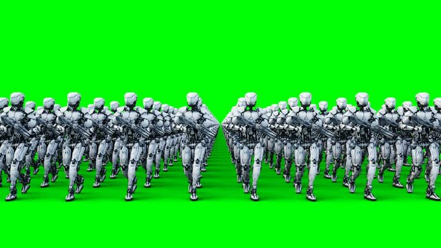 invasion of military robots with gun. marching robots. Green screen 4k footage.