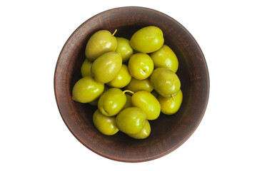 Olives in ceramic brown bowl isolated on white