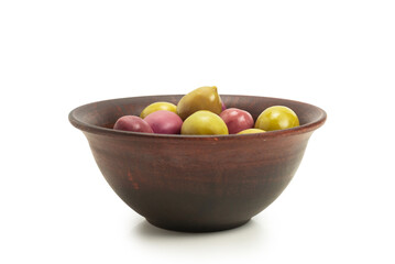 Olives in ceramic brown bowl isolated on white