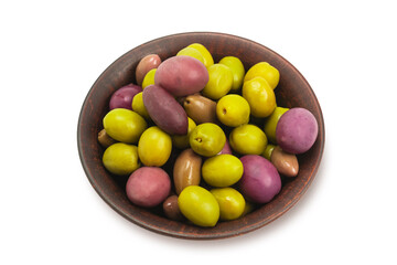 Olives in ceramic brown bowl isolated on white