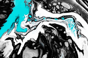 Fluid art texture. Backdrop with abstract swirling paint effect. Liquid acrylic artwork with flows and splashes. Mixed paints for baner or wallpaper. Black, white and blue overflowing colors
