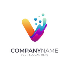Wave Letter V Logo, Initial Name with 3d Gradient Vibrant Colors, Abstract Water Splash Logo Concept