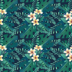 seamless tropical floral pattern with plumeria on dark background