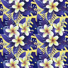 seamless tropical floral pattern with violet leaves on yellow background 