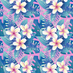 Seamless tropical floral pattern with turquoise leaves on pink background