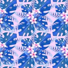 seamless tropical floral pattern with blue leaves on pink background 