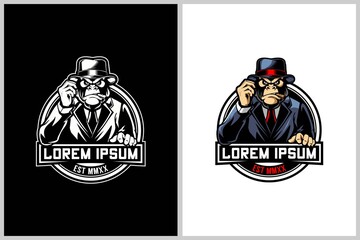 Gorilla with fedora and suit cartoon character vector badge logo template