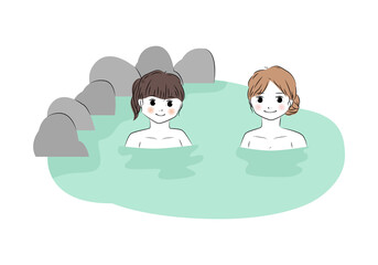 温泉に入っている若い二人の女性のイラスト