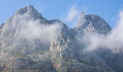 Closeup of Table Mountain cable car in clouds.