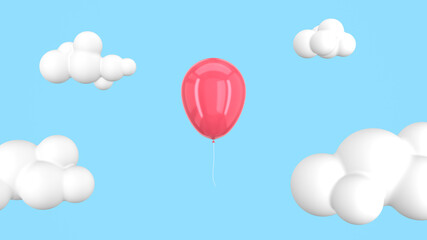 Naklejka premium 3d rendering a balloon flies through the clouds. Smooth motion for advertising, digital marketing, social network. Unusual funny design, cartoon style joke.