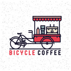 One thin line, flat vintage retro mobile coffee cart. Coffee bicycle, vector illustration, street food
