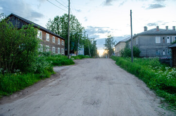 Vytegra streets, Russia, Vologda oblast, beautiful "White Nights" on June 2014.