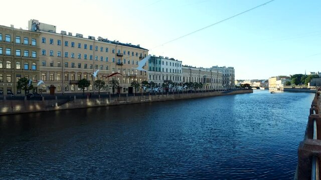 Unique urban landscape of center of Saint Petersburg. Central historical sights of city. Embankment of Fontanka river canal. Top tourist places in Russia. Capital Of Russian Empire