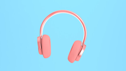 3d rendering pink headphones move, dance and approach on a blue background. Advertising, digital marketing, social network. Unusual funny design, cartoon style joke.