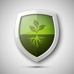 Eco Protect Logo Template Design. Ecological shield label. Plant icon. Herb badge. Young flower sprout from the root picture. Ecology tag. Grass illustration. Greenery chek